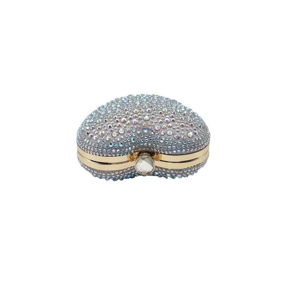 Silver Crystal Heart Clutch Bag Gold Handle Formal Evening Cocktail Purse NEW - Picture 4 of 9